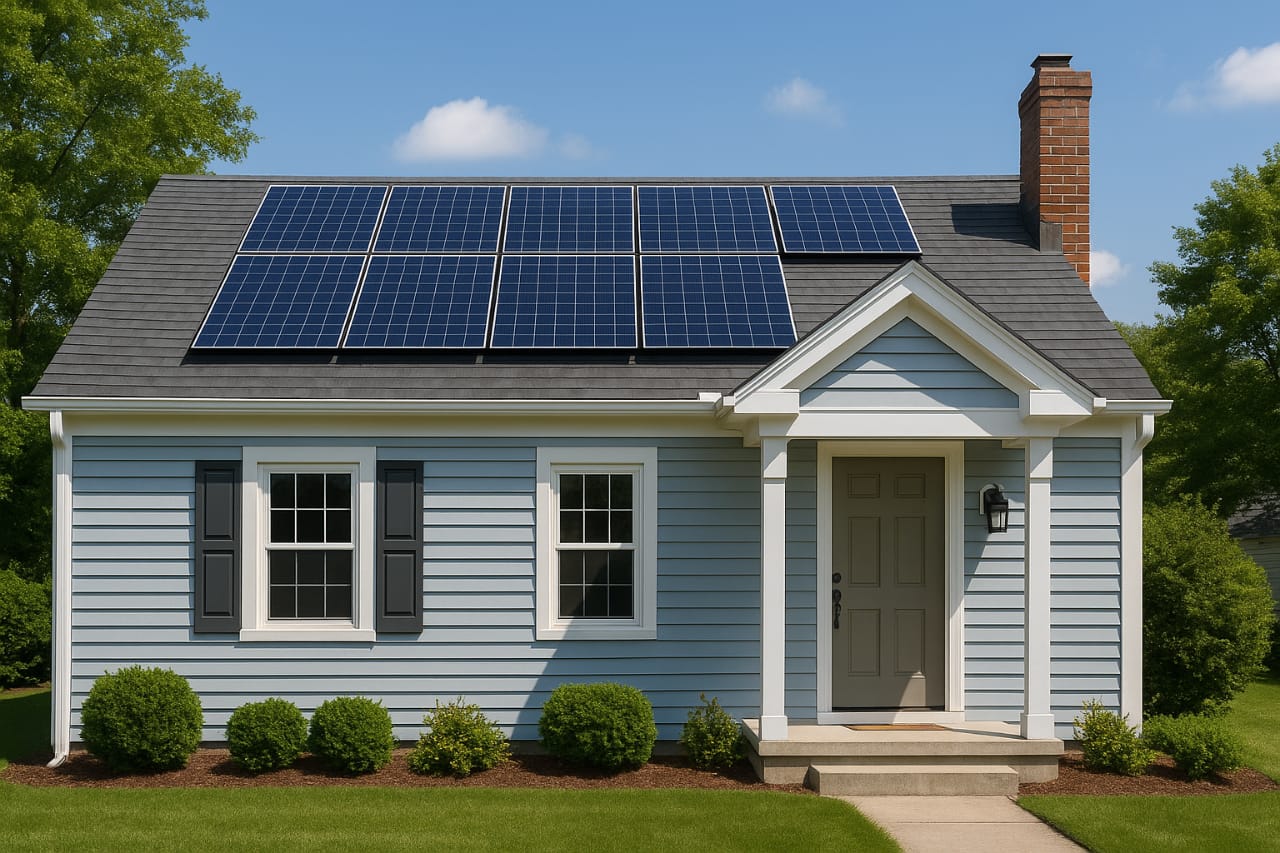 Aerial view of a suburban home in Ahmedabad with solar panels on the roof, surrounded by greenery